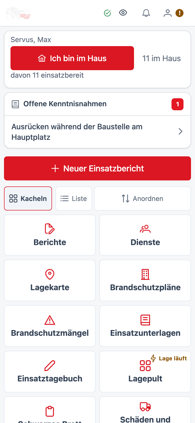 Die App · Startseite – Kacheln zu Lagekarte, Diensten, Schwarzem Brett, Berichten, Fahrzeugschäden, eigener Ausrüstung und Plänen, auch ohne Netz.